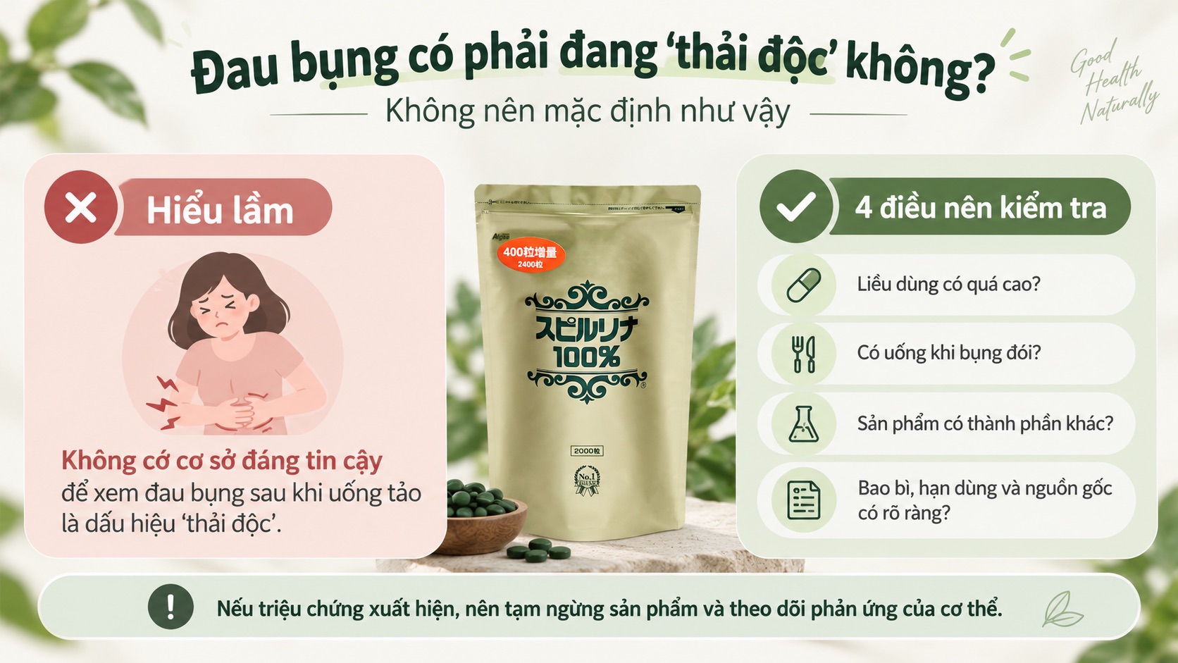 Uống tảo xoắn bị đau bụng