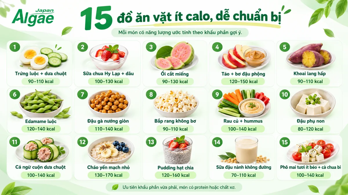 Infographic liệt kê 15 món ăn vặt ít calo và lượng năng lượng ước tính
