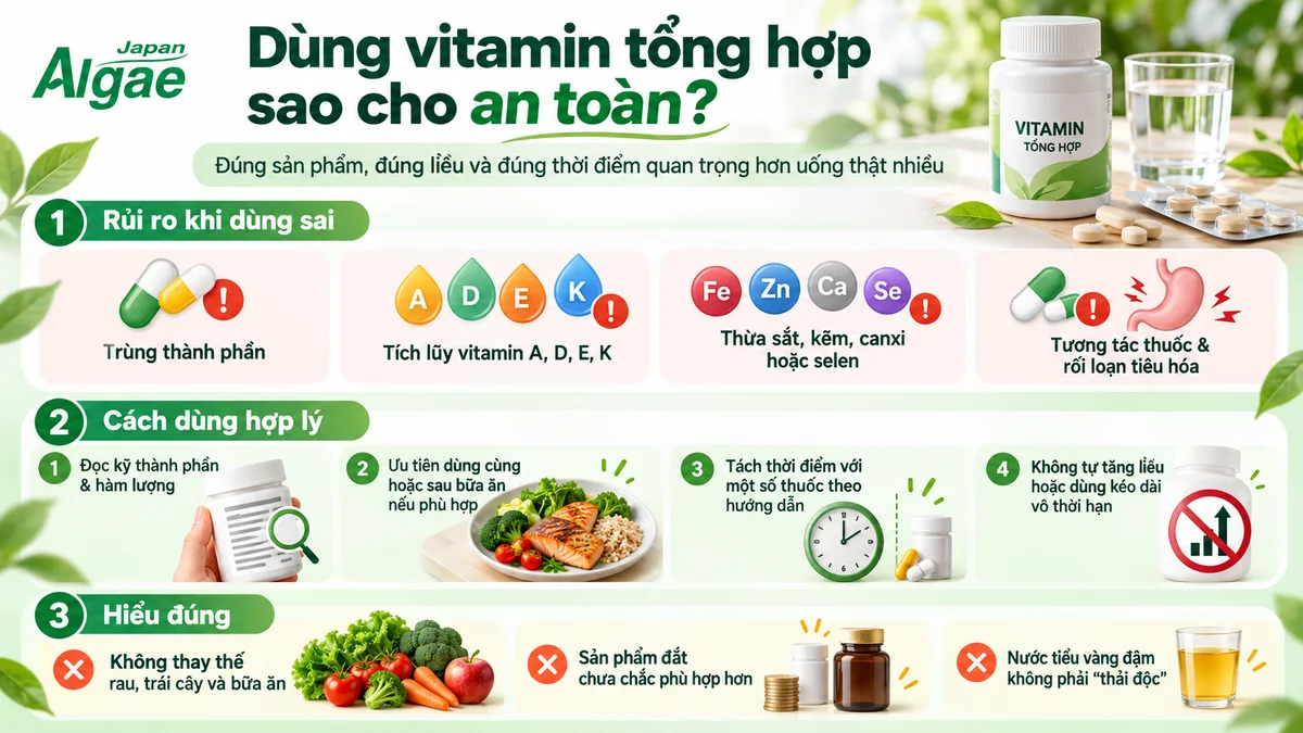 Cách dùng vitamin tổng hợp an toàn: tránh trùng thành phần, liều quá cao và tương tác thuốc