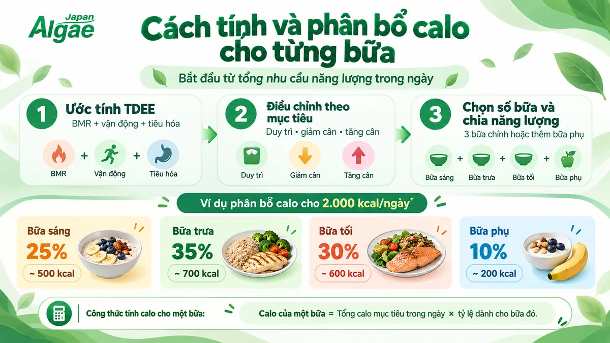 Ba bước tính và phân bổ calo cho bữa sáng, trưa, tối và bữa phụ