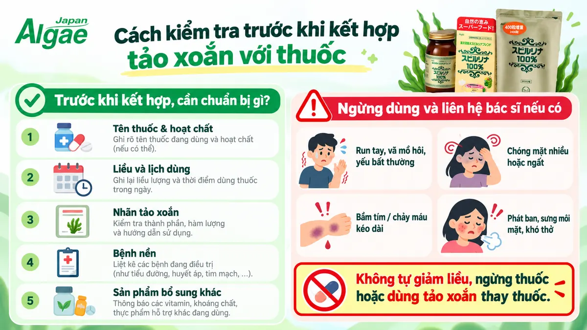 Cách kiểm tra trước khi kết hợp tảo xoắn với thuốc Tây và dấu hiệu cần liên hệ bác sĩ