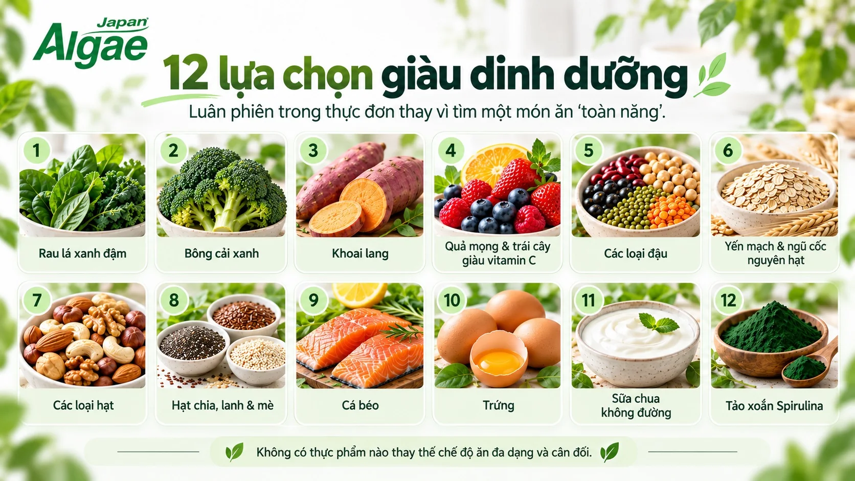 Infographic 12 lựa chọn thực phẩm giàu dinh dưỡng để luân phiên trong thực đơn