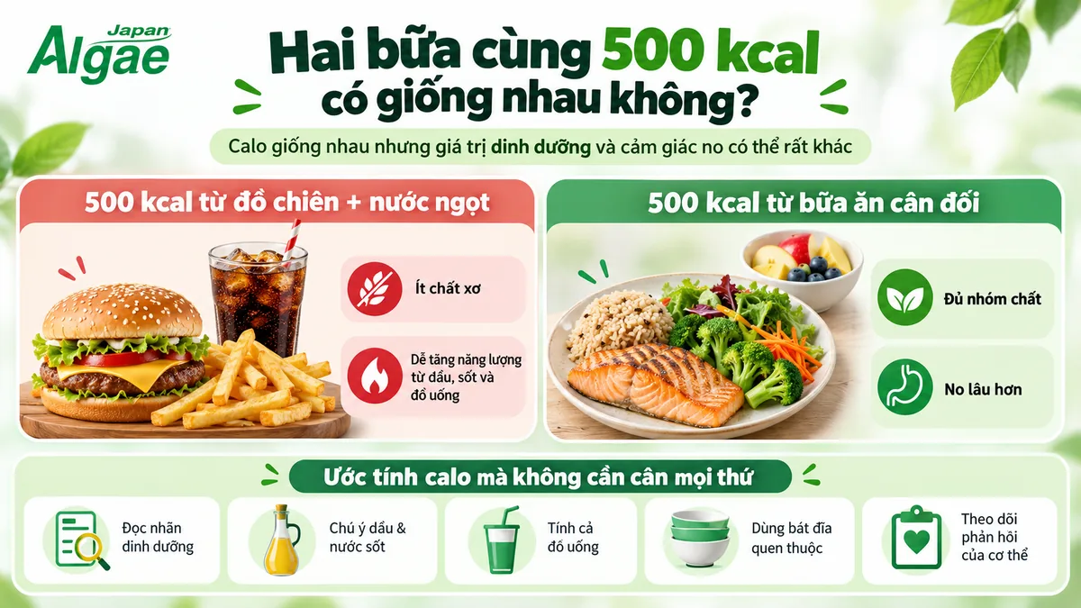 So sánh hai bữa ăn cùng 500 calo nhưng khác nhau về dinh dưỡng và cảm giác no