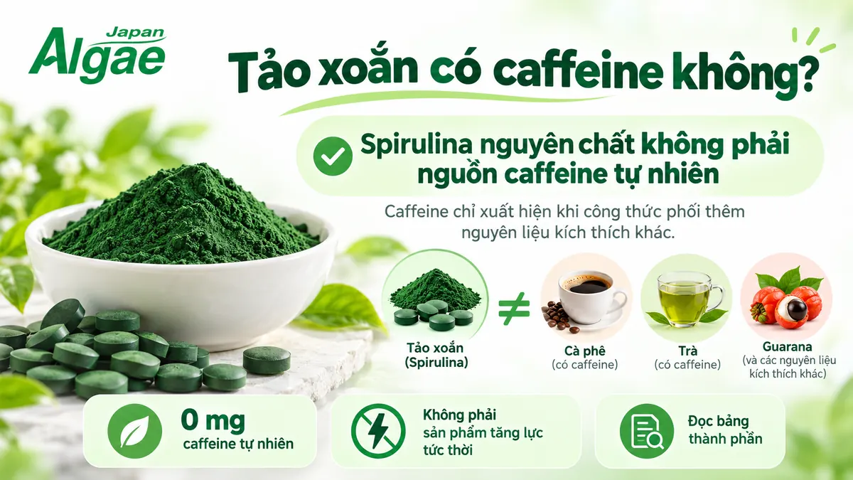 Tảo xoắn có caffeine không và cách phân biệt Spirulina nguyên chất với sản phẩm phối hợp