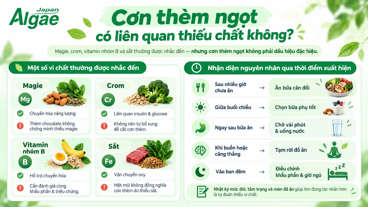 Infographic về vi chất thường được nhắc đến và thời điểm thèm ngọt