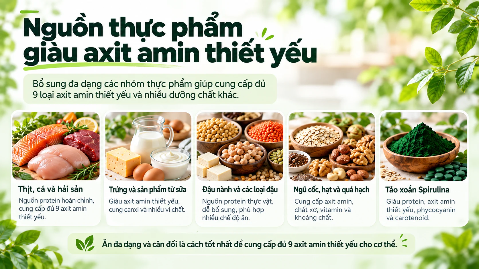 Infographic các nhóm thực phẩm cung cấp axit amin thiết yếu